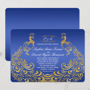 Inbjudan till Royal Blue Guld Peacock Wedding