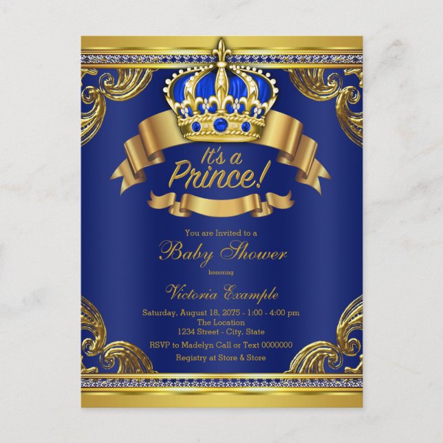Inbjudan till Royal Blue Guld Prince Baby Shower (Framsida)