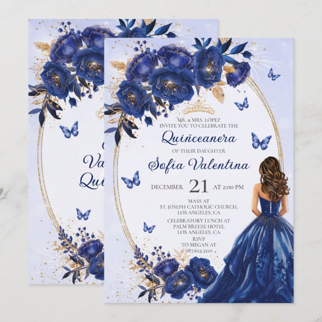 Inbjudan till Royal Blue & Guld Quinceañera (Fram/baksida)