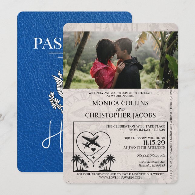 Inbjudan till royal Blue Hawaii Passport Wedding (Fram/baksida)