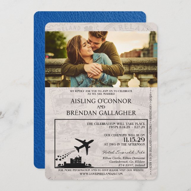 Inbjudan till Royal Blue Ireland Passport Wedding (Fram/baksida)