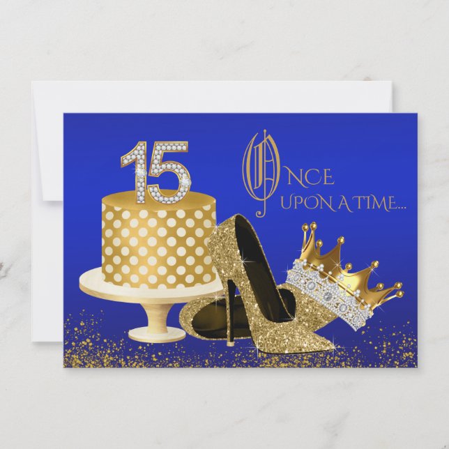 Inbjudan till royal Blue och Guld Quinceanera (Framsida)