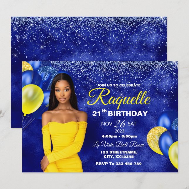 Inbjudan till royal Blue och Gult Birthday (Fram/baksida)
