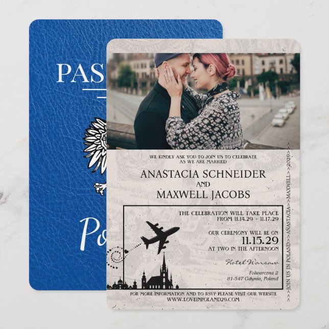 Inbjudan till royal Blue Poland Passport Wedding (Fram/baksida)