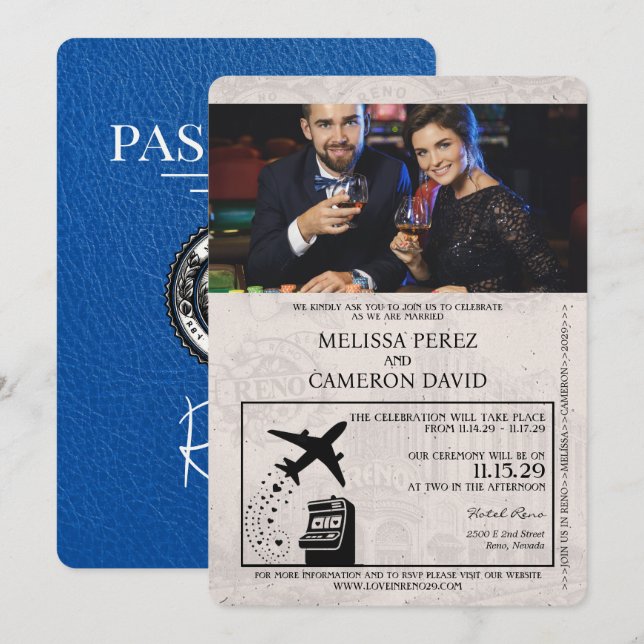 Inbjudan till Royal Blue Reno Passport Wedding (Fram/baksida)