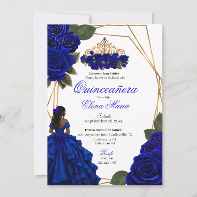 Inbjudan till royal Blue Ro Guld Quinceañera (Framsida)