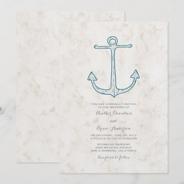 Inbjudan till Royal Blue Rustic Anchor Wedding (Fram/baksida)