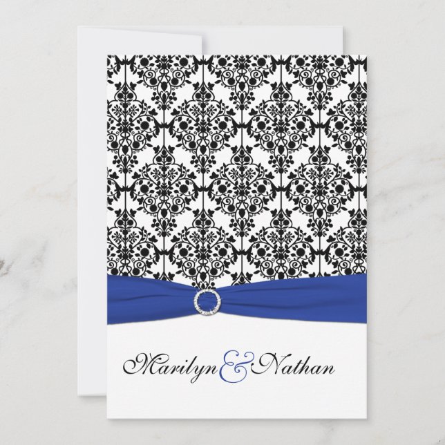 Inbjudan till royal Blue, White, Black Damask Wedd (Framsida)