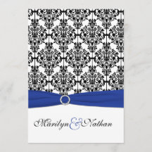 Inbjudan till royal Blue, White, Black Damask Wedd