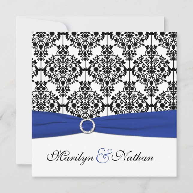 Inbjudan till royal Blue, White, Black Damask Wedd (Framsida)