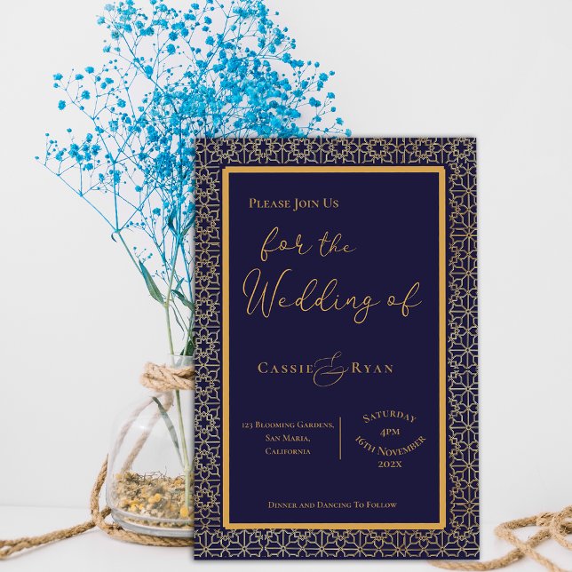 Inbjudan till Royal Elegant Blue och Guld bröllops (Royal Elegant Blue and Gold Wedding invitation)