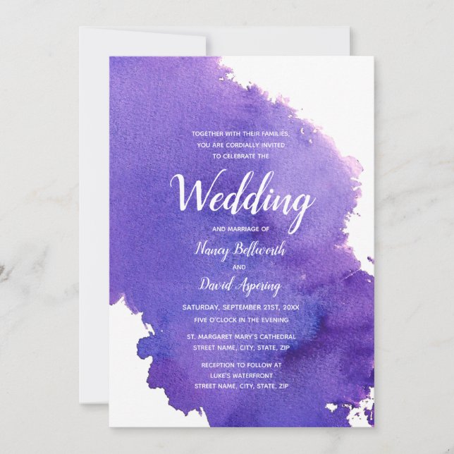 Inbjudan till royal Lila Watercolor Wedding (Framsida)