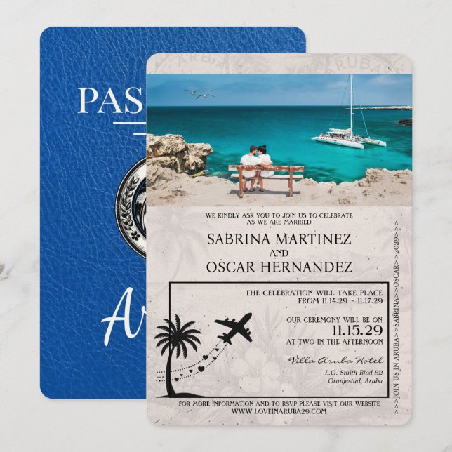 Inbjudan till royalets Blue Aruba Passport Wedding (Fram/baksida)