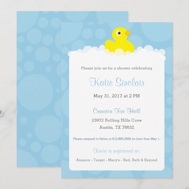 Inbjudan till Rubber Ducky Baby Shower - Blue (Fram/baksida)