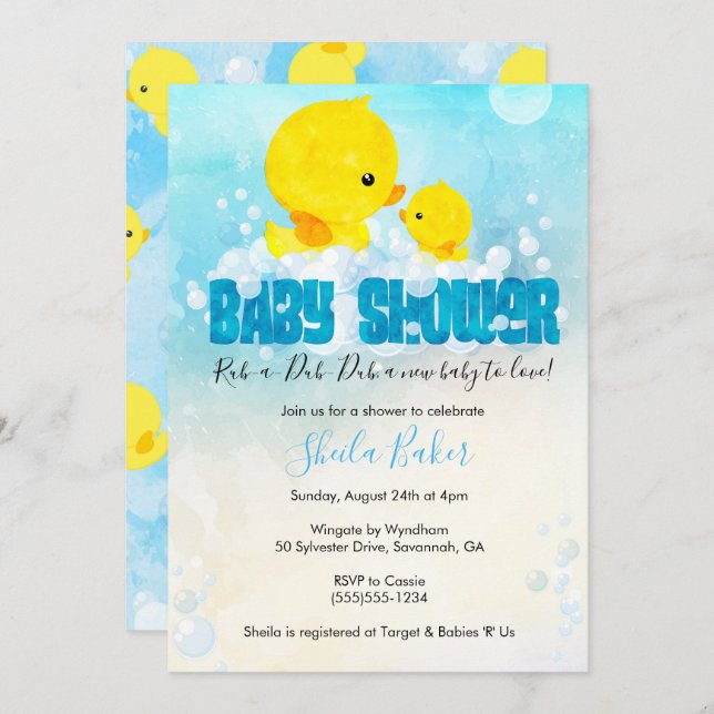 Inbjudan till Rubber Ducky Baby Shower | Duckie Ba (Fram/baksida)