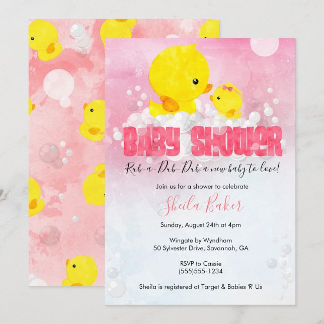Inbjudan till Rubber Ducky Baby Shower | Girl Duck (Fram/baksida)