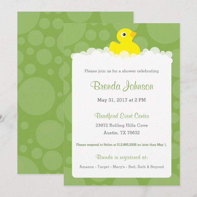 Inbjudan till Rubber Ducky Baby Shower - Grönt (Fram/baksida)