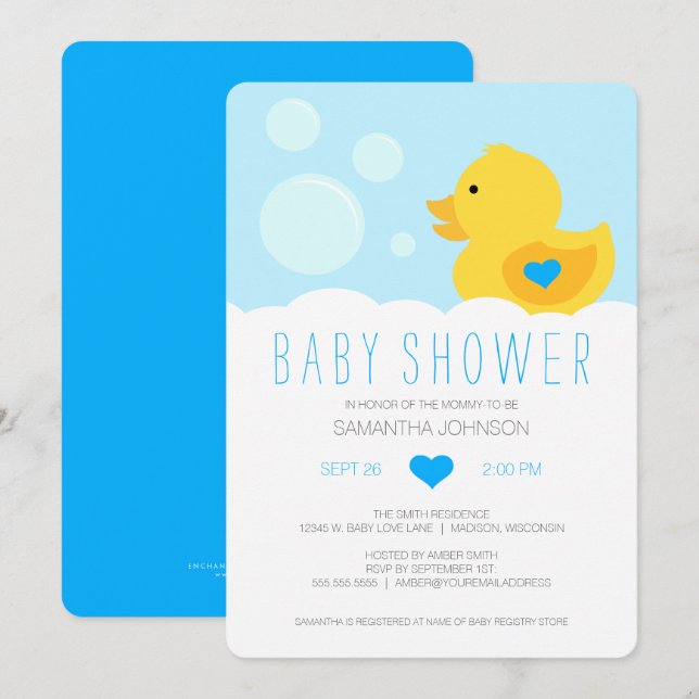 Inbjudan till Rubber Ducky Blue Boy Baby Shower (Fram/baksida)