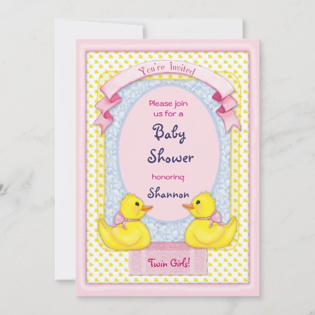 Inbjudan till Rubber Ducky Twin Girls Shower (Framsida)