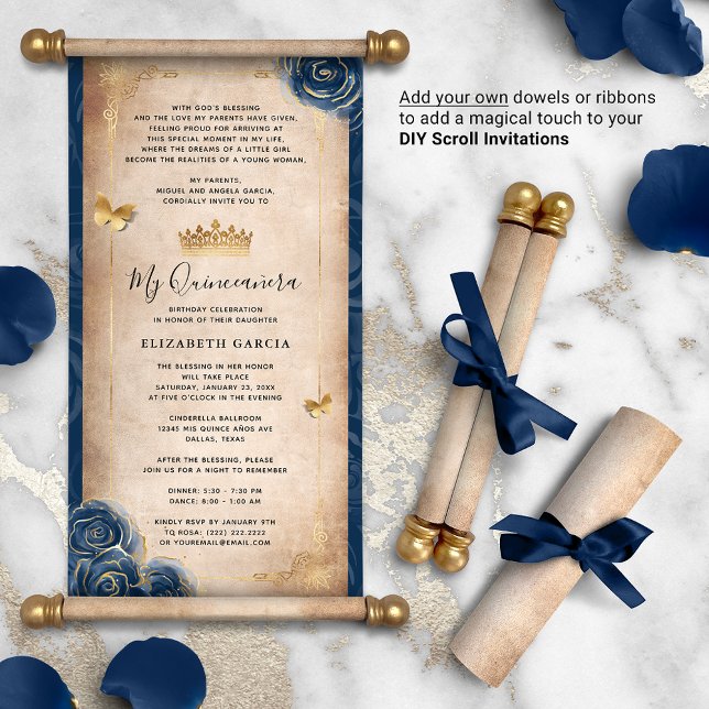 Inbjudan till Rulla av Guld marinblått Quinceanera (DIY scrolls do not come with dowels. Add your own or roll up with a ribbon for an elegant touch!)