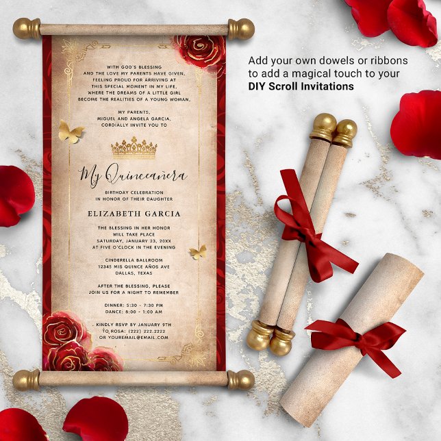 Inbjudan till Rulla av guld och Red Quinceanera DI (How will you present your DIY scrolls? There are so many creative possibilities!)
