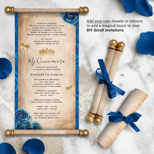 Inbjudan till Rulla för Guld Royal Blue Quinceaner (DIY scrolls do not come with dowels. Add your own or roll up with a ribbon for an elegant touch!)