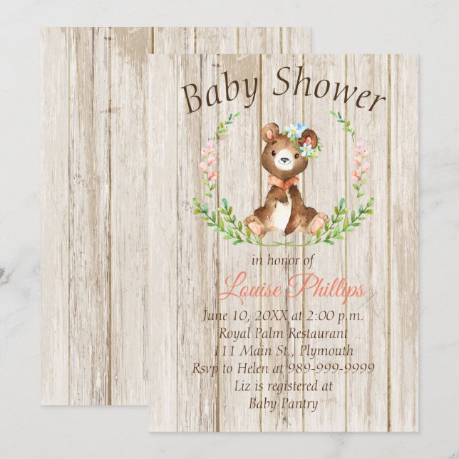 Inbjudan till Rustic Baby Bear Baby Shower (Fram/baksida)