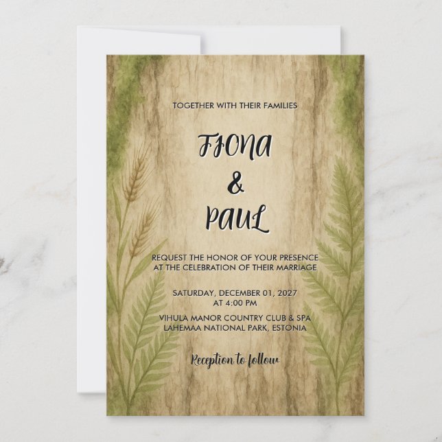 Inbjudan till Rustic Bark och Moss Forest Wedding (Framsida)
