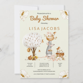 Inbjudan till Rustic Bird Mouse Land Baby Shower