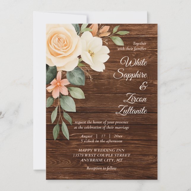 Inbjudan till Rustic Blommigt Wood Wedding (Framsida)