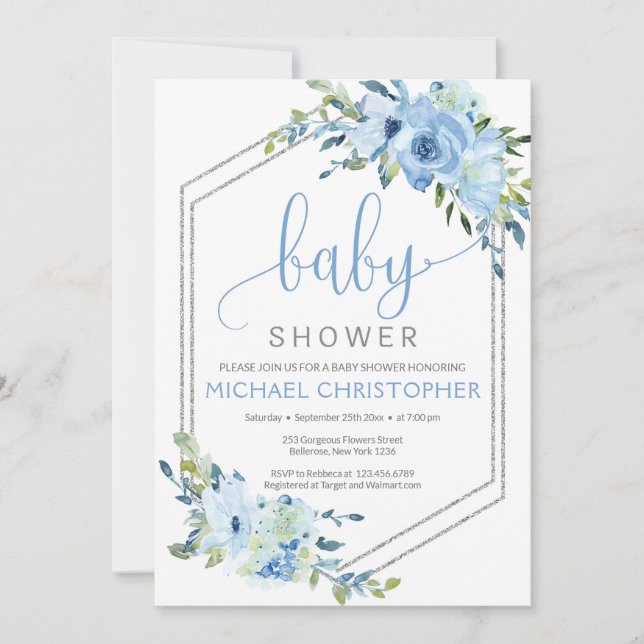 Inbjudan till Rustic Blue Blommigt Boy Baby Shower (Framsida)