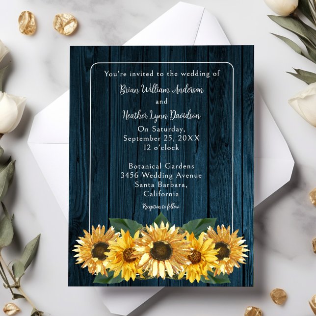 Inbjudan till Rustic Blue Solros Wedding (Blue Rustic Sunflower Wedding Invitation)