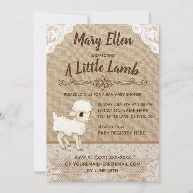 Inbjudan till Rustic Burlap Little Lamb Baby Showe (Framsida)