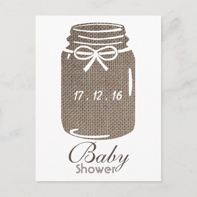 Inbjudan till Rustic Burlap Mason Burk Baby Shower Vykort (Framsida)