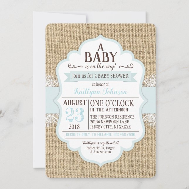Inbjudan till Rustic Burlap Snöre Blue Baby Shower (Framsida)