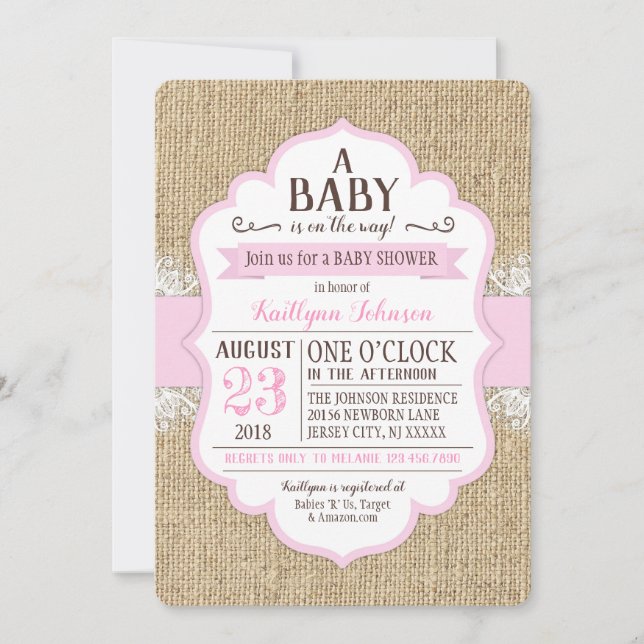Inbjudan till Rustic Burlap Snöre Rosa Baby Shower (Framsida)