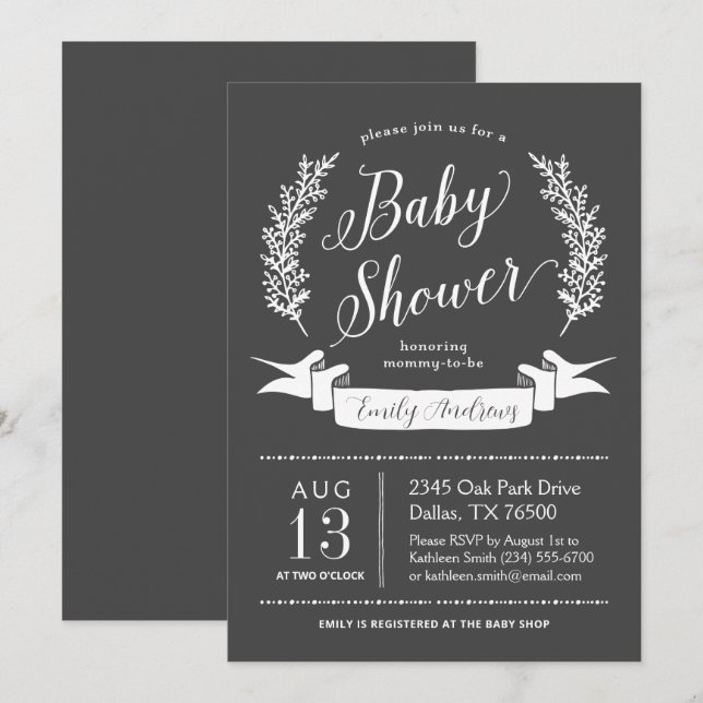 Inbjudan till Rustic Chalkboard Baby Shower (Fram/baksida)