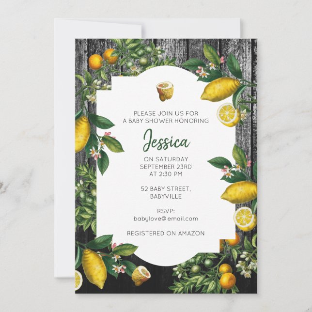 Inbjudan till Rustic Citrus Garden Baby Shower (Framsida)