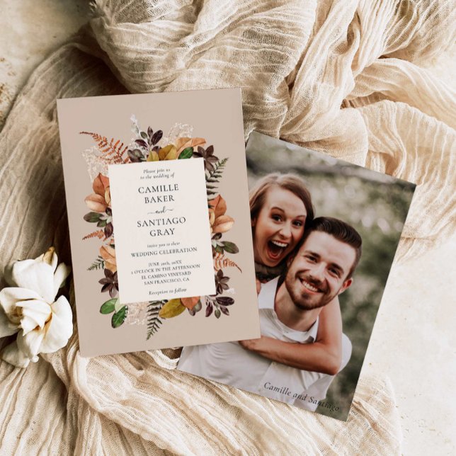 Inbjudan till Rustic Fall Foliage Photo Wedding (Rustic Fall Wedding Photo Invitation)