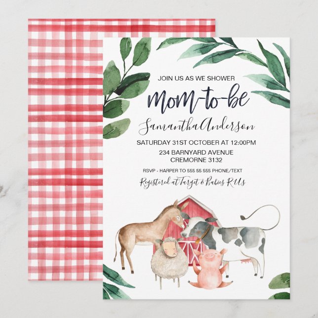 Inbjudan till Rustic Farmyard Barnyard Baby Shower (Fram/baksida)