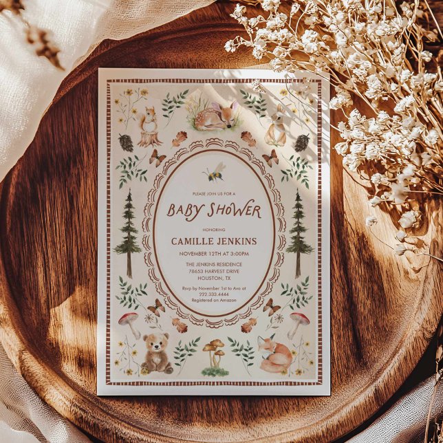 Inbjudan till Rustic Forest Baby Shower (Rustic Forest Woodland Animals Gender Neutral Baby Shower Invitation)