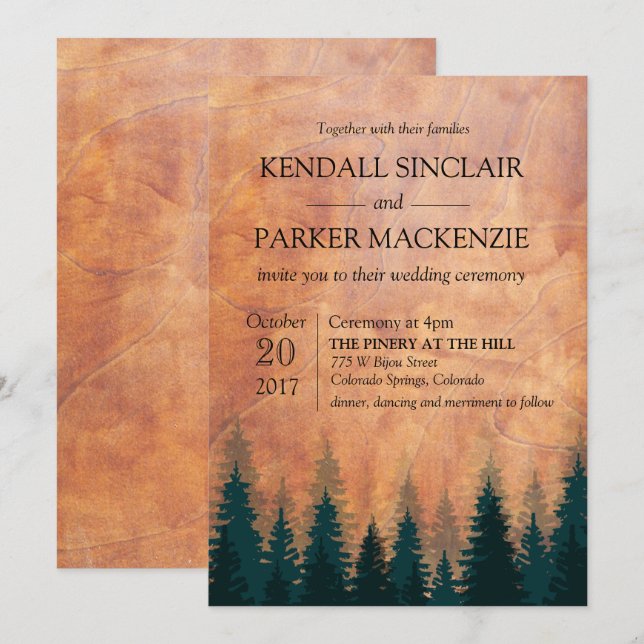 Inbjudan till Rustic Forest Wood Wedding (Fram/baksida)