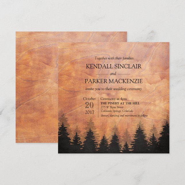 Inbjudan till Rustic Forest Wood Wedding 5.25 x 5. (Fram/baksida)
