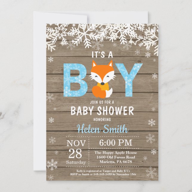 Inbjudan till Rustic Fox Winter Boy Baby Shower (Framsida)