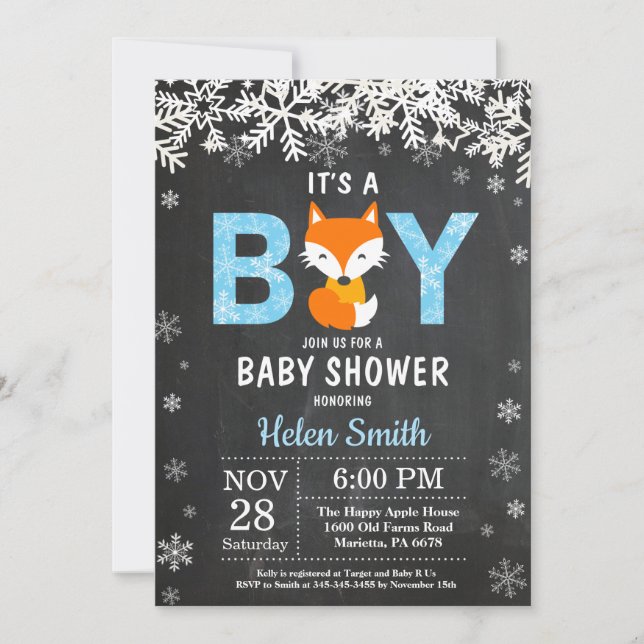 Inbjudan till Rustic Fox Winter Boy Baby Shower (Framsida)
