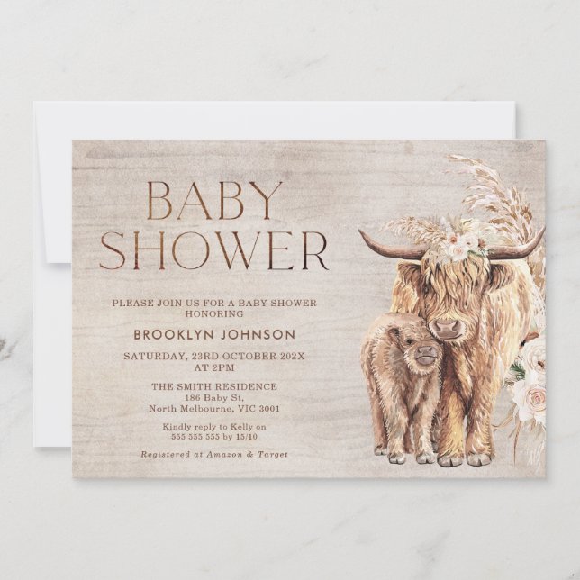 Inbjudan till Rustic Highland Cow Calf Baby Shower (Framsida)