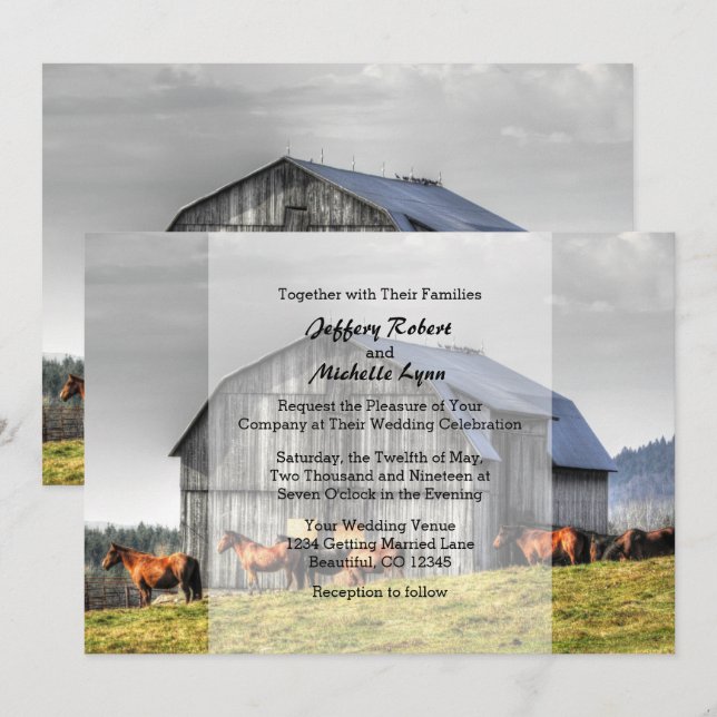 Inbjudan till Rustic Land Barn- och hästbröllop (Fram/baksida)