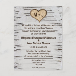 Inbjudan till Rustic Land Birch Träd Heart Wedding