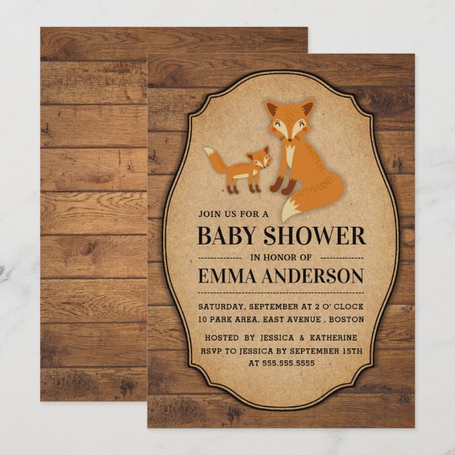 Inbjudan till Rustic Land Wood Fox Baby Shower (Fram/baksida)