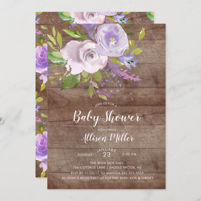 Inbjudan till Rustic Lavender Blommigt Baby Shower (Fram/baksida)